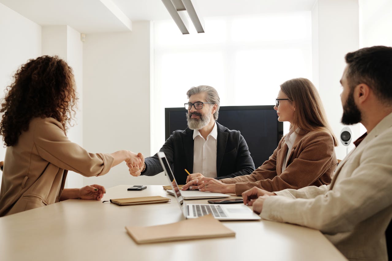 Several people having a business meeting